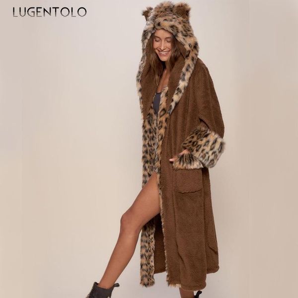 

women's fur & faux women hooded autumn winter lapel warm splicing brown long coat lady large size loose pocket fashion, Black