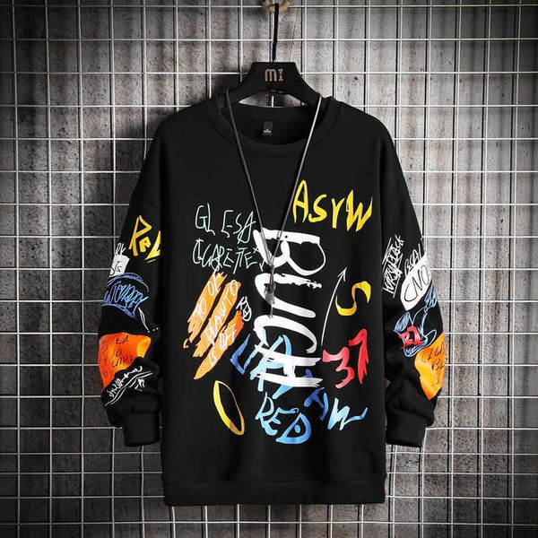 

mens sweatshirt casual hoodies spring graffiti oversized japanese hip hop streetwear men loose sweatshirts pullover 210927, Black