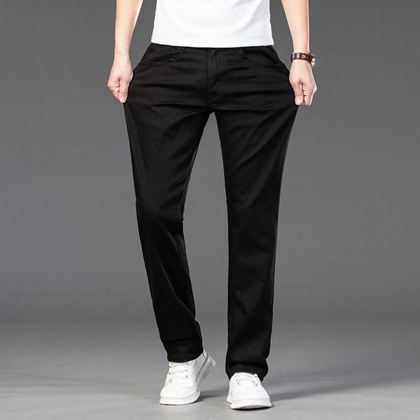 

2021 spring new men black regular fit stretch classic style 97% cotton business casual denim trousers brand white wp9n, Blue