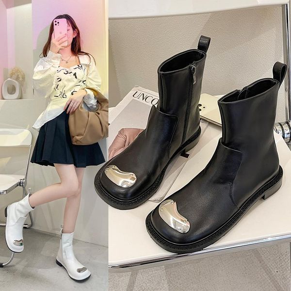 

boots british style women's shoes autumn 2021 street side zipper motorcycle leather ankle short boot botines mujer, Black