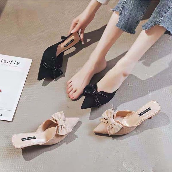 

sandals women half slippers spring summer 2021 all-match mid-heel women's shoes pointed toe stiletto, Black