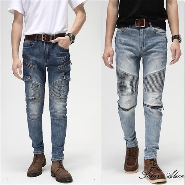 

men's jeans 2021 mid-waist slim-fit straight-leg wrinkle zipper decoration motorcycle pants, Blue