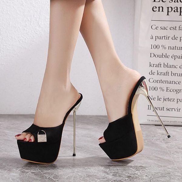 

slippers 2021 women's shoes metal locks water diamond mouthle stiletto, Black