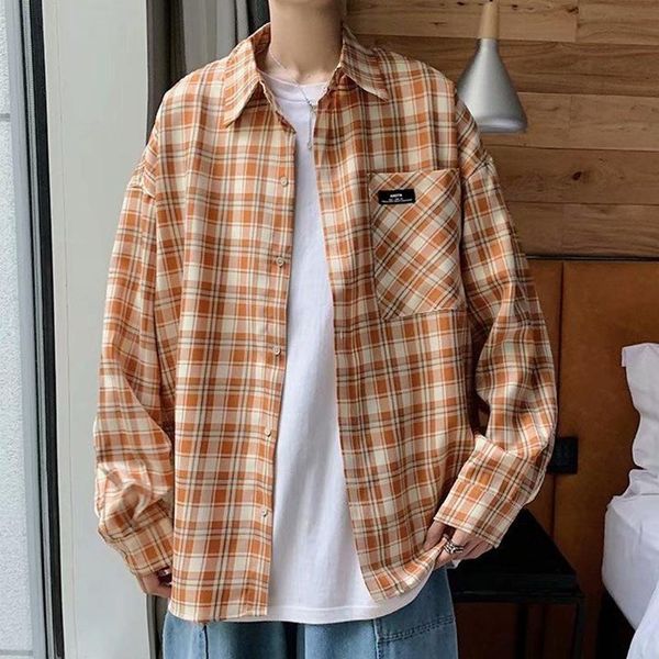 

men's casual shirts korean clothes spring plaid shirt button up loose long sleeve mens fashion clothing trends harujuku streetwear, White;black