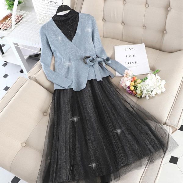 

two piece dress taotrees autumn v-neck long sleeve knit + mesh set, White
