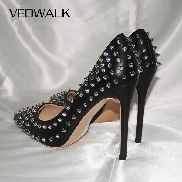 

dress shoes veowalk full spikes women matte pointy toe high heels slip on stiletto pumps ladies solid party 8//12cm customize, Black