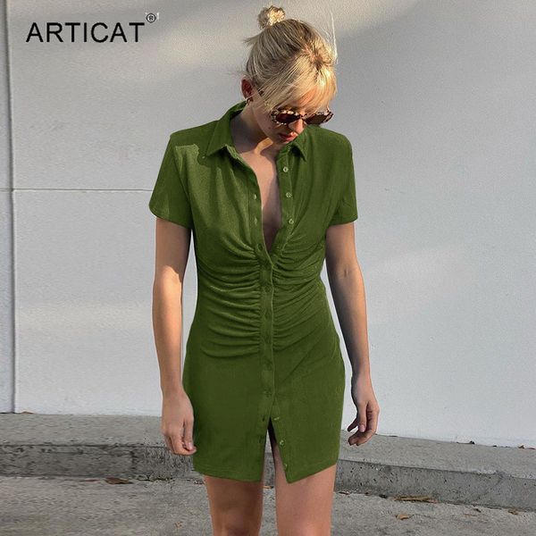 

turn-down collar ruched summer shirt dress women fashion buttons short sleeve slim dress elegant green party vestidoshigh quality, Black;gray