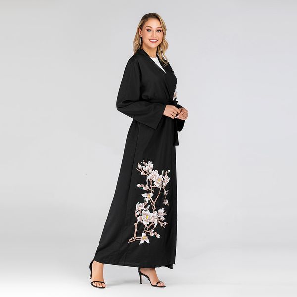 

floral embroidery abaya muslim robot cardigan long-sleeve maxi ocasional blusion ta17 c668, Tan;black