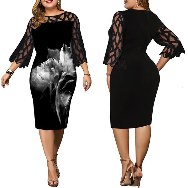

fashion fall digital hollow loop sewing three quarters plus size female dress fine 8lqb, Black;gray