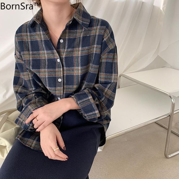 

bornsra 2021 autumn chiffon full turn-down collar womens and blouses plaid women shirts blouses, White