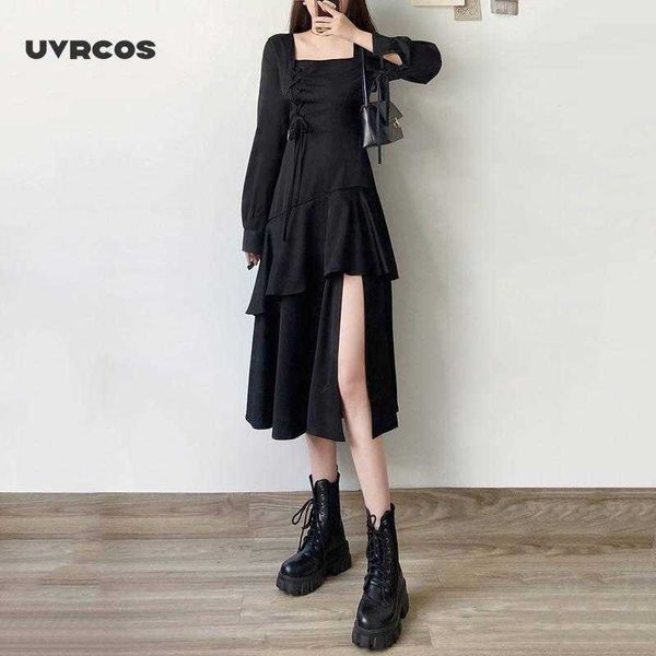 Gótico gótico feminino vestido punk harajuku manga comprida plissado preto bodycon midi vestido quadrado colarinho streetwear patchwork 210712