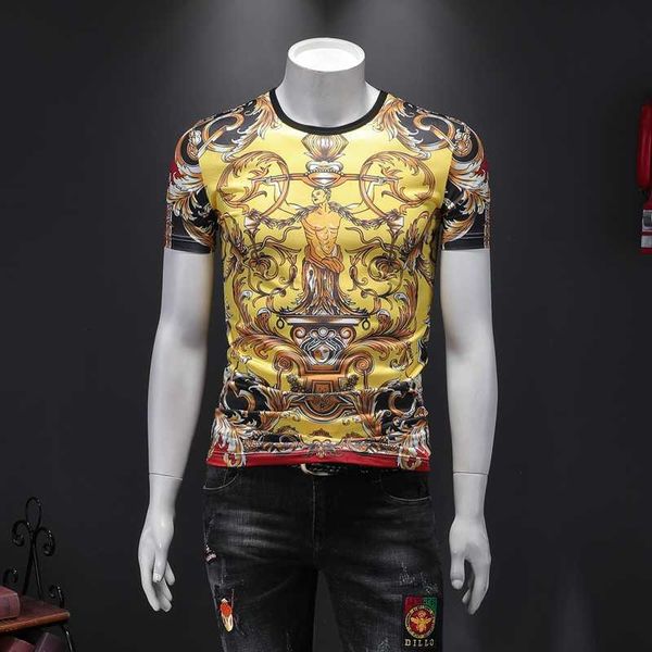 Brand Luxury Golden 3D Print T Shirt Uomo Retro Ice Silk manica corta Summer Tshirt Uomo Casual Streetwear Funny Tee Tops M-4XL 210527