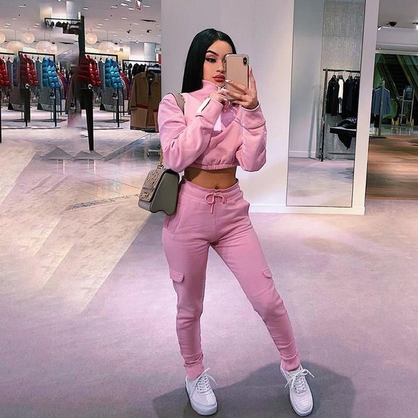 

two piece dress 2021 long mouw pink crop cargo broek pieces set short women training suit herfst winter streetwear packages, White