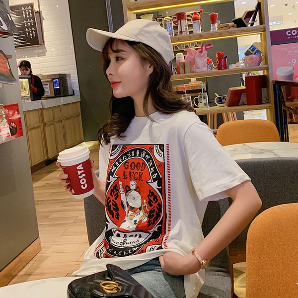 

2021 new spring summer lucky cat print for women japanese harajuku graphic tees short sleeve t-shirt vogue fashion clothes 5wto, White