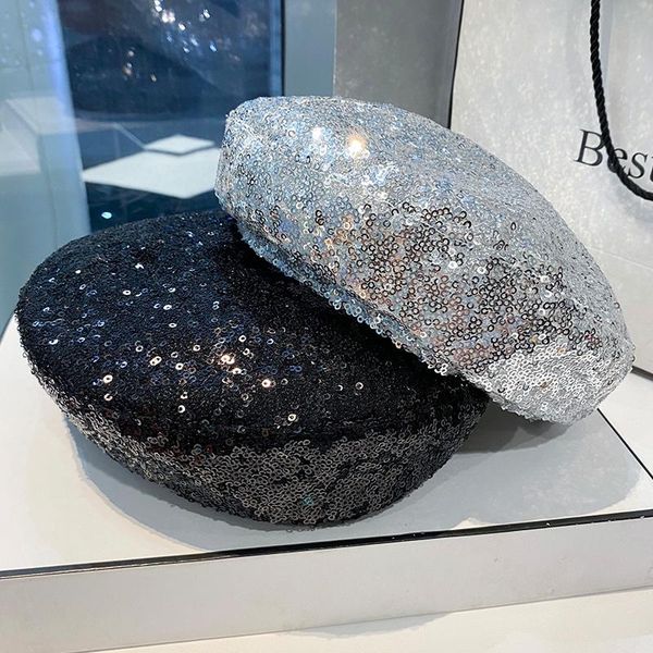 

berets hat girl spring autumn fashion personality sequin beret net red versatile artist korean trend children's, Blue;gray