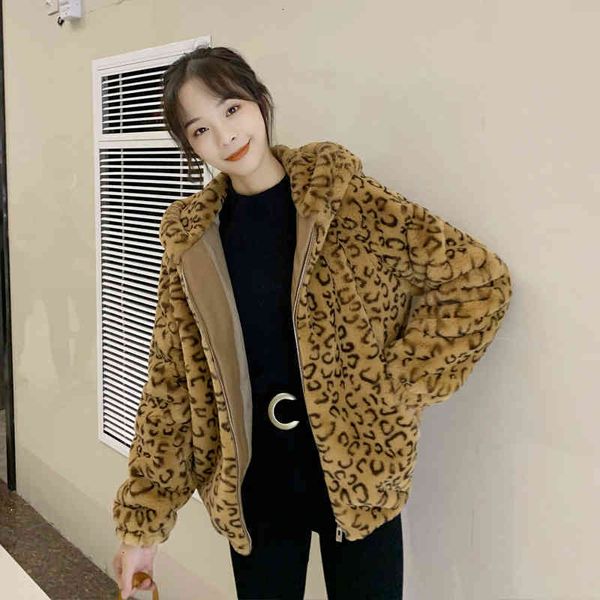 

women's wool & blends autumn winter mink velvet fur coat women fashion leopard hooded short faux female loose thick plush ou w4wz, Black