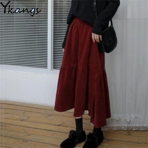 Plus size outono outono inverno corduroy saia mulheres vintage vinho vermelho midi longa saias femininas elásticas cintura alta a linha plissada saia 210310