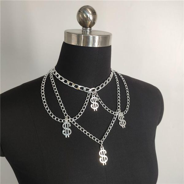 

pendant necklaces fashion punk metal dollar symbol necklace three layers chain neck jewelry for women gift night club party, Silver