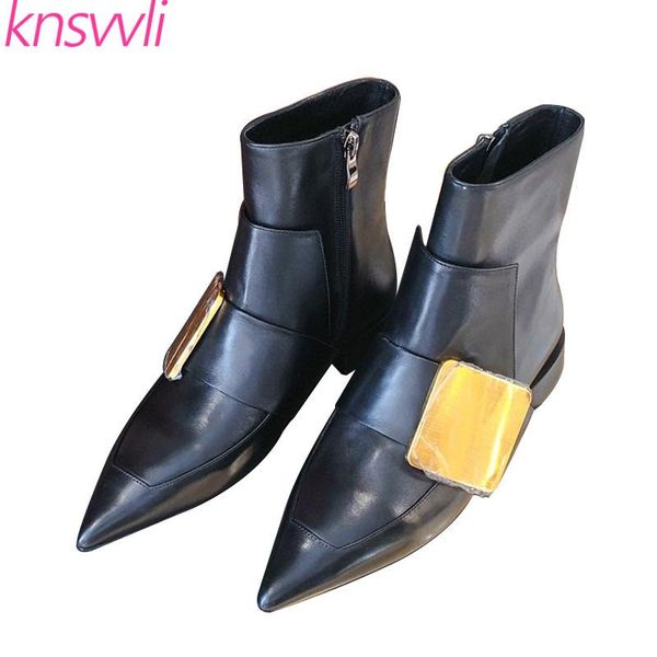 

boots short women genuine leather runway shoes woman pointed toe gold buckle ankle flats femmes bottes, Black