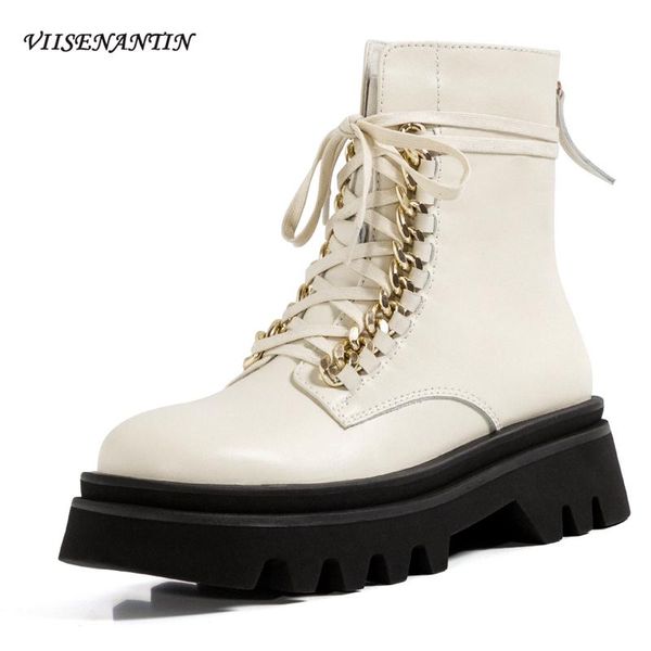 

boots british style tide brand winter fashion genuine leather short metal buckle waterproof platform narrow band women shoes, Black