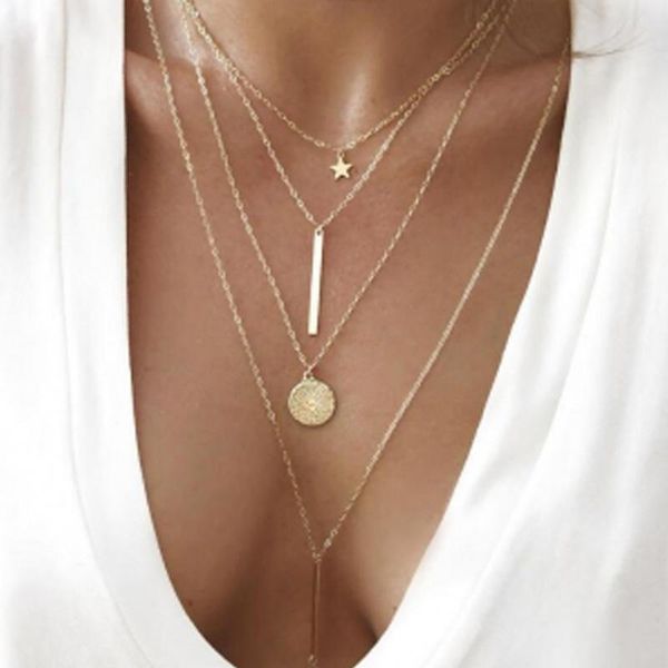

pendant necklaces timeonly multi layer coin necklace golden star stick alloy small link hollow chain for women elegant jewelry, Silver