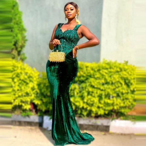 

party dresses 2021 velvet mermaid aso ebi evening with straps floor length front slit sweetheart sequins beaded prom gowns, White;black