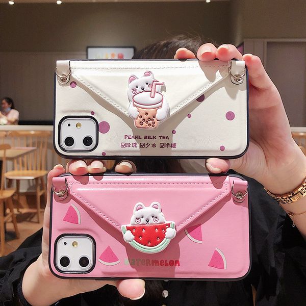 

fashion cartoon crossbody wallet phone case for iphone 11pro max se xr 7 8 6 plus leather card slot lanyard shoulder strap cover
