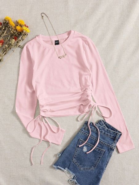 

drawstring ruched solid tee 88wh#, White