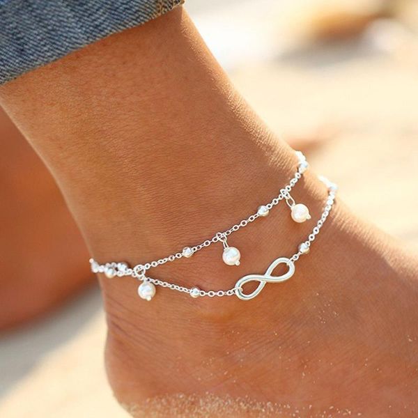 

anklets summer anklet 1pcs/set for womens alloy pearl number 8 boho beach foot chain 2021 fashion jewelry gift sandals accessories, Red;blue