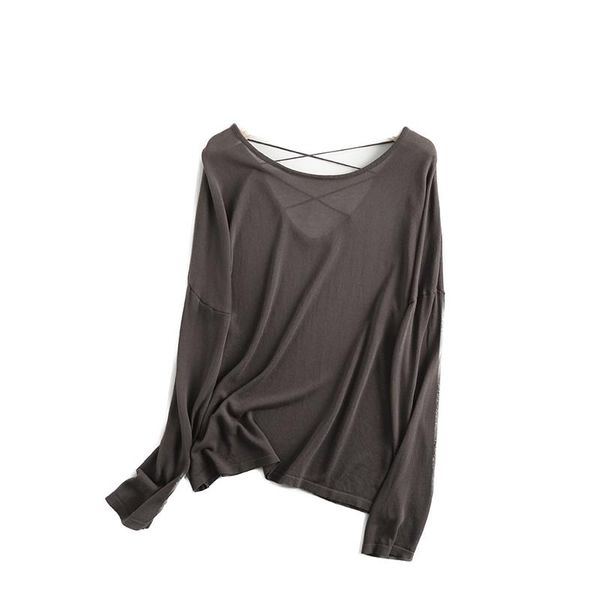 

women knitted with hollow out in back long sleeve shirts femme casual basic grey shirt top, White