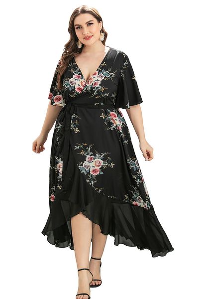 

bofute large size women's v-neck ruffled irregular printing dress sq0150, Black