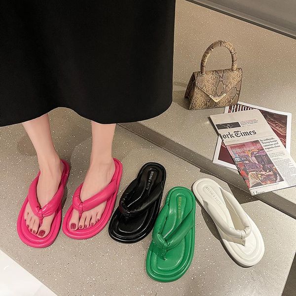 

slippers xixiyipin fashion soft leather women fat flip flops syreet 2021 summer indoor outdoor beach woman flats casual shoes, Black