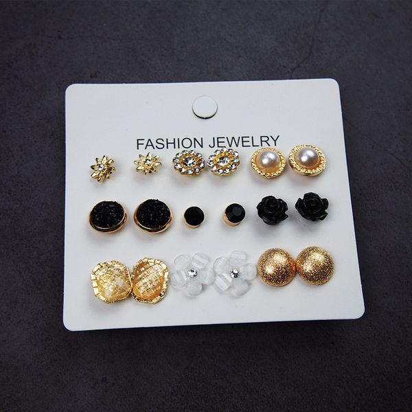 

new hoop ear studs earrings set star crystal zircon charming flower retro popular trendy vogue gift dance show party casual gold black high, Golden;silver