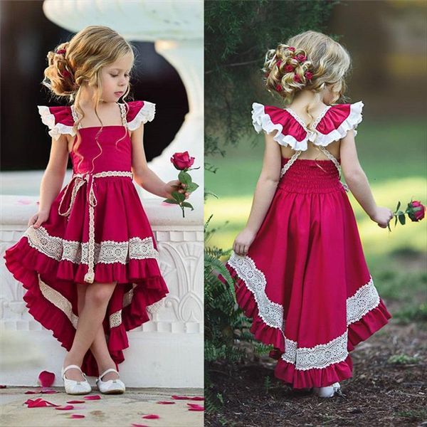 

toddler kids girl ruffle lace dresses sleevelss evening party pageant baby vestidos, Red;yellow