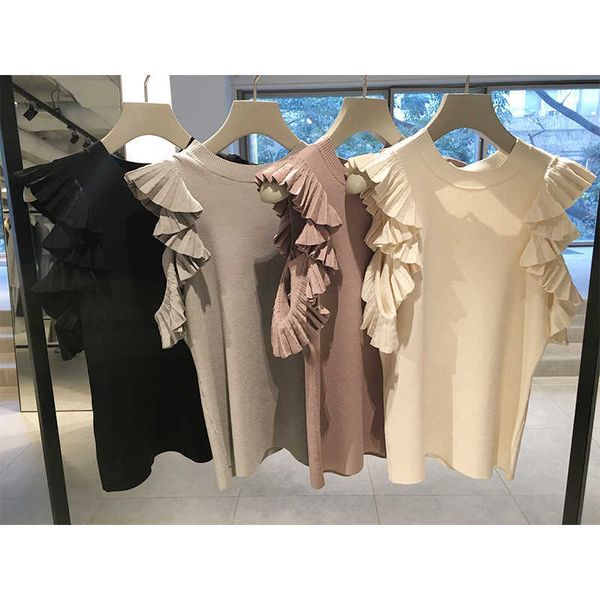 

temperament office lady slim o neck flying sleeve knitted shirts pull ruffled sweaters korean chic wild fashion clothing 210610, White