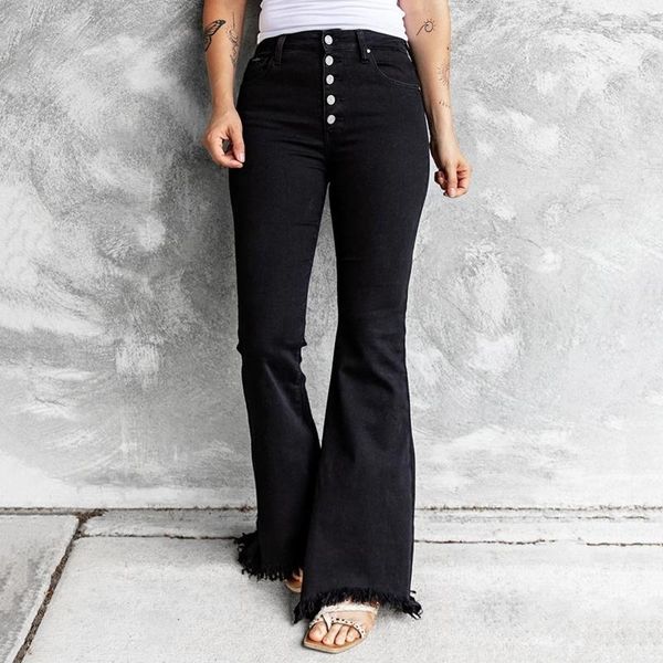 

women's jeans women button high waist pocket solid color wide leg flared trousers slim causal vintage denim pants pantalones de mujer, Blue
