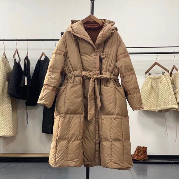 

women's down & parkas ailegogo winter women hooded loose 90% white duck casual female oversized long coat with belt snow outwear z8kk, Black
