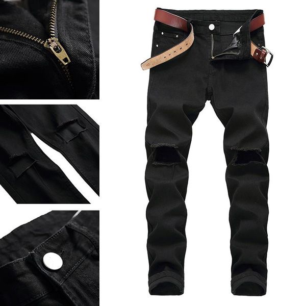 

men spring and summer products trend personality over the knee hole begging pants pants ins tide brand straight casual hole jean, Blue