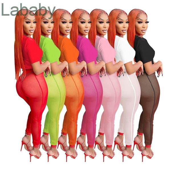 2022 Duas peças conjuntos Sheer Malha Calças de Yoga para Mulheres Designer Roupas Leggings de Manga Curta Sweatsuits Sexy Sports Terno