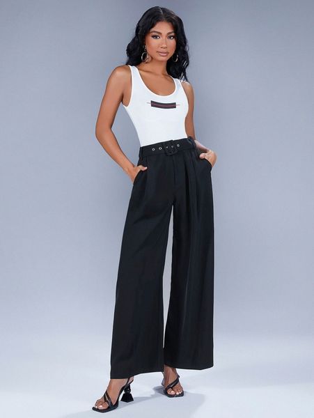 

slant pocket belted wide leg pants p2lg#, Black;white