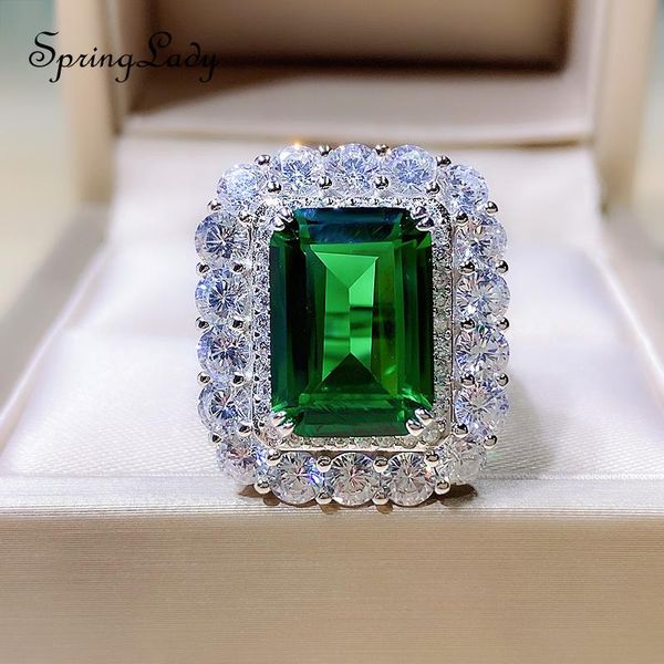 

cluster rings luxury 100% 925 sterling 10*14mm 10ct rectangular emerald cut flowers gemstone for women fine fashion jewelry, Golden;silver