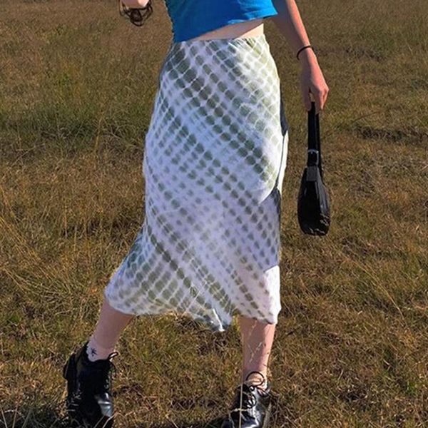 

skirts tie dye printed frill long mid-calf straight women high waist cute retro party outfits streetwear, Black