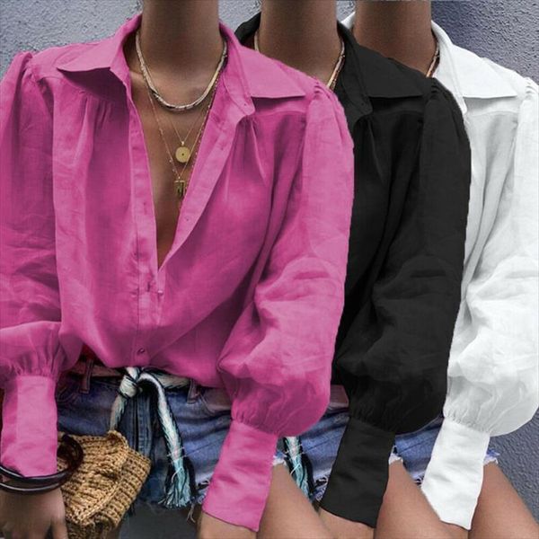 

autumn ol work solid black womens shirts brief button up v neck office lantern long sleeve loose blouse 3, White