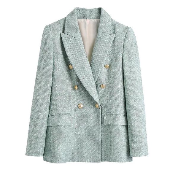 

women's suits & blazers bbwm 2021 tweed women vintage pea green long sleeve slim office lady blazer female double breasted streetweaer, White;black