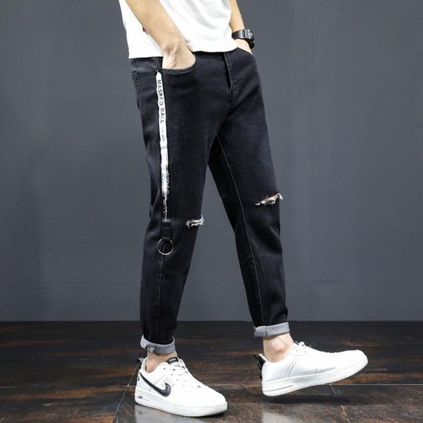 

men's jeans 2021 men four seasons fashion ripped straight jean korean version the trend japanese button stitching casual, Blue