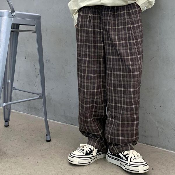 

men's pants autumn cotton plaid fashion retro casual men streetwear korean loose straight mens wide-leg trousers, Black