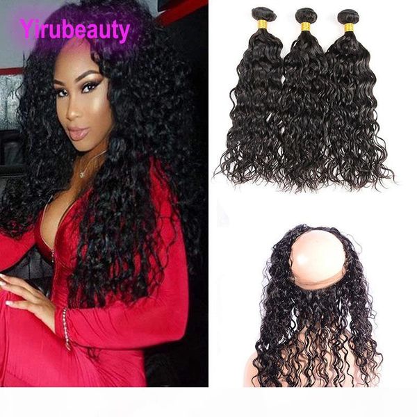 

water wave 3 bundles with 360 lace frontal part brazilian virgin hair extensions with lace closure frontal natural color wet and wavy, Black;brown