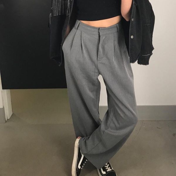 

women's pants & capris 2021 straight large size casual solid wide leg trousers streetwear suit full-length selling chic loose high qual, Black;white