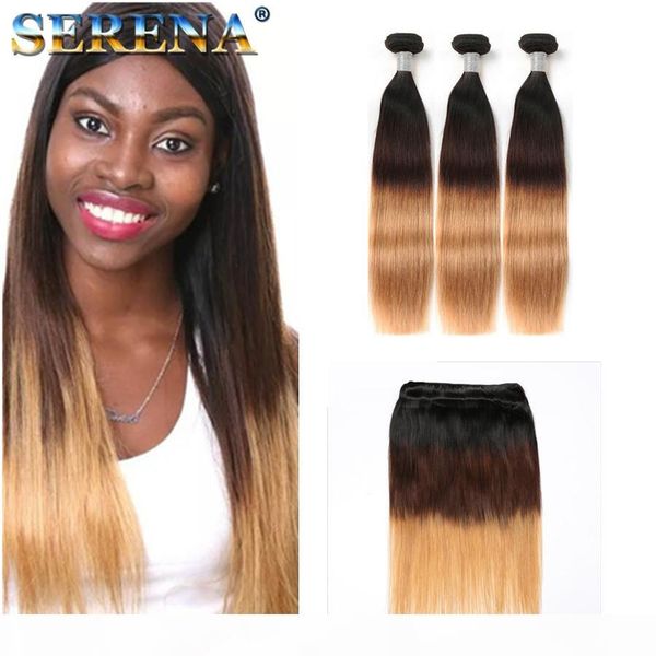 

ombre brazilian virgin hair straight three tone 1b 4 27# ombre hairs brazilian human hair 3 bundles straight hair extensions, Black