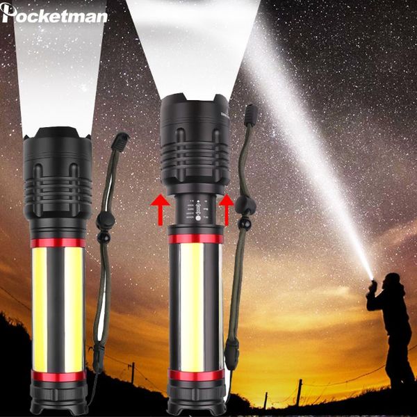 

brightest xhp70+cob led 7modes flash light rechargerable zoom waterproof torch lanterna built-in 7200mah for camping